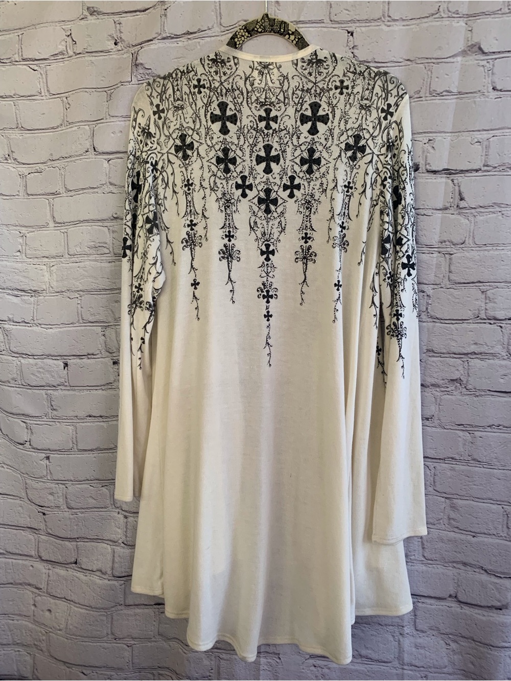 Vocal Cream Open-Front Cardigan Duster with Black Cross Embellished - Picture 3 of 8